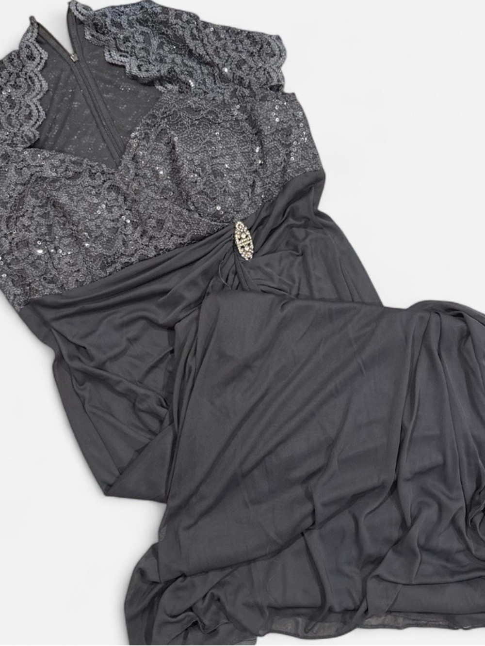 Betsy & Adam Charcoal Lace and Sequin Chemise with Brooch
